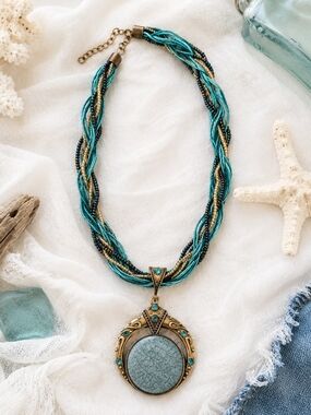 Boho Braided Turquoise Statement Pendant Necklace